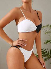 色塊扭結前夏日沙灘比基尼套裝 - 黑與白 - 查看 3