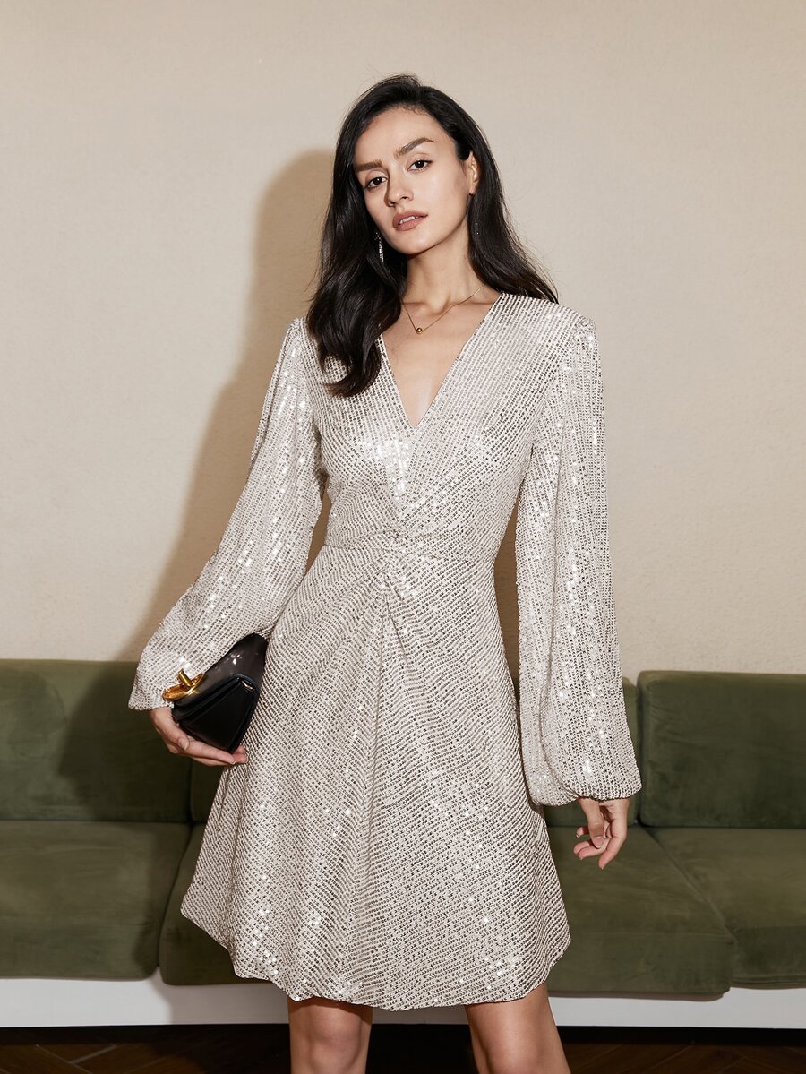 Sequin Lantern Sleeve Ruched Front Dress - Silver - View 1