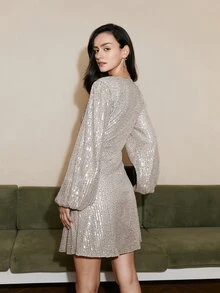 Sequin Lantern Sleeve Ruched Front Dress - Silver - View 2