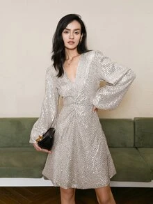 Sequin Lantern Sleeve Ruched Front Dress - Silver - View 5