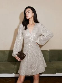 Sequin Lantern Sleeve Ruched Front Dress - Silver - View 6