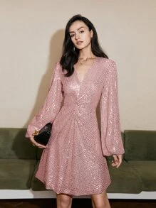 燈籠袖褶邊亮片洋裝 - 粉色 - 查看 1