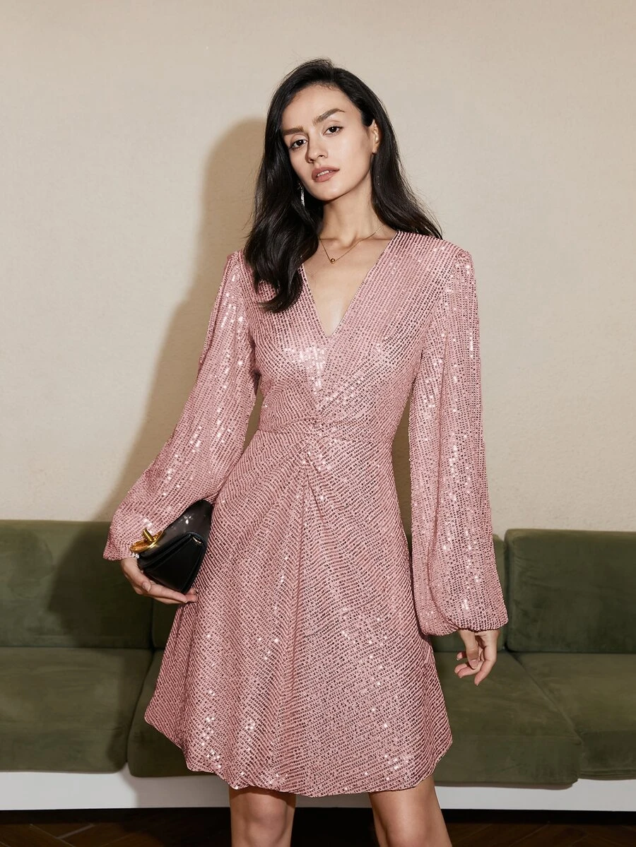 燈籠袖褶邊亮片洋裝 - 粉色 - 查看 1