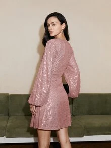 燈籠袖褶邊亮片洋裝 - 粉色 - 查看 2