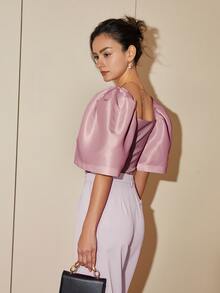 Áo cánh tay phồng cổ vuông màu trơn đơn giản mùa xuân và mùa hè hiện đại của phụ nữ Philippines, trang phục mùa hè cho phụ nữ áo crop top công sở thường ngày Terno - Bụi hồng - Xem 2