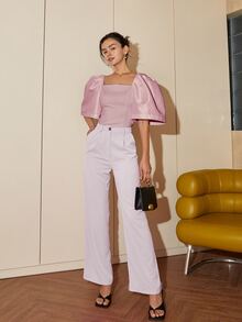 Áo cánh tay phồng cổ vuông màu trơn đơn giản mùa xuân và mùa hè hiện đại của phụ nữ Philippines, trang phục mùa hè cho phụ nữ áo crop top công sở thường ngày Terno - Bụi hồng - Xem 3