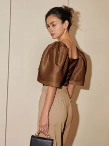 Camiseta de cuello cuadrado con mangas de unicolor casual para mujer, outfits para mujeres, tops cortos de negocios casuales para primavera/verano - Café integral - Ver 2