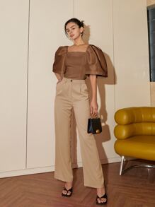 Camiseta de cuello cuadrado con mangas de unicolor casual para mujer, outfits para mujeres, tops cortos de negocios casuales para primavera/verano - Café integral - Ver 3