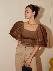 Camiseta de cuello cuadrado con mangas de unicolor casual para mujer, outfits para mujeres, tops cortos de negocios casuales para primavera/verano - Café integral - Ver 5