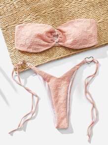 環狀聯結束頸泳衣，側邊綁帶夏日沙灘比基尼套裝 - 粉色 - 查看 1