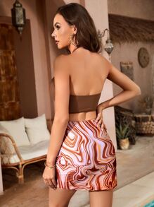 Conjunto de bikini de playa de verano con estampado de mármol y parte superior ajustable con cordón - Multicolor - Ver 2