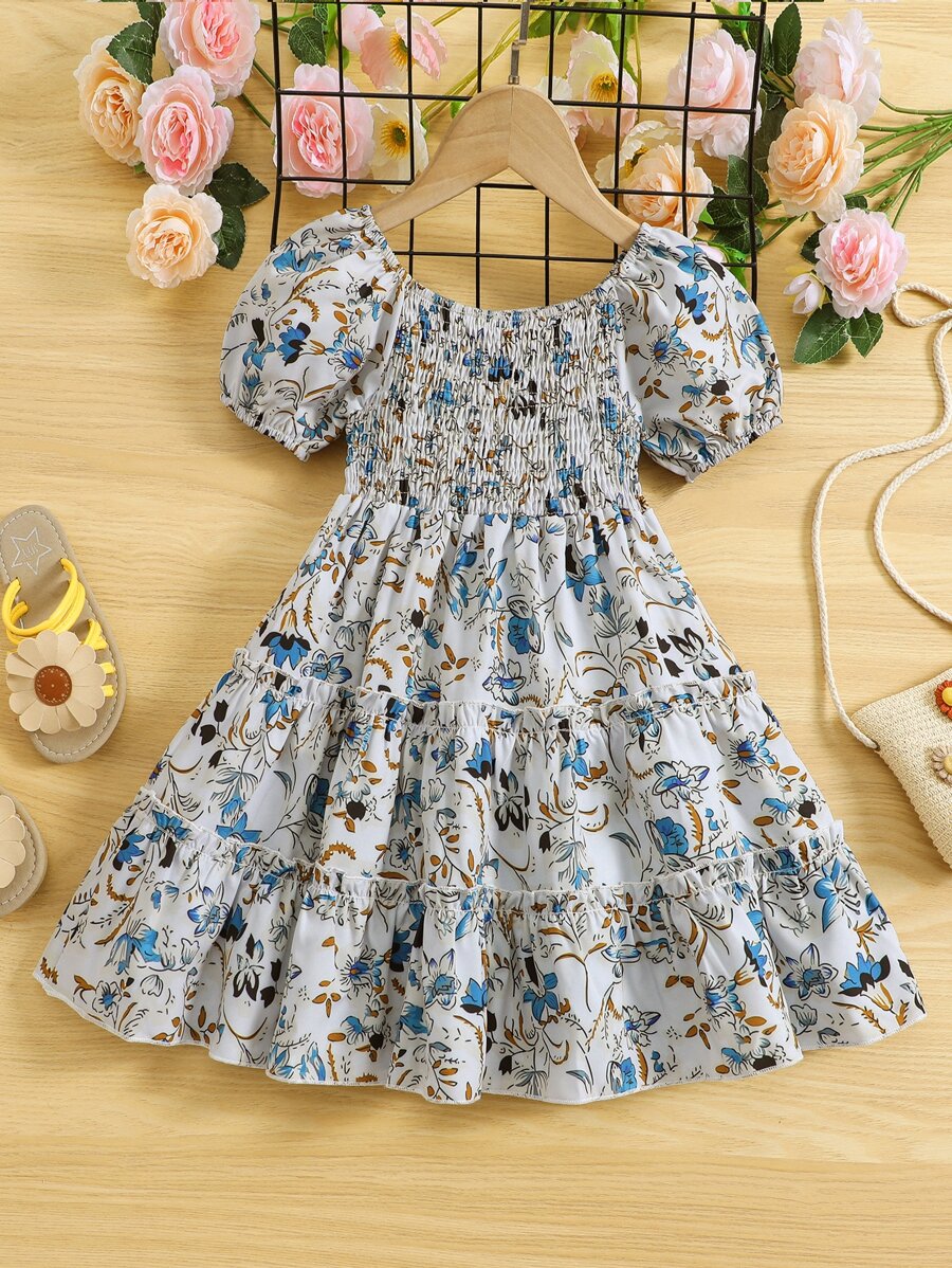 Toddler Girls Allover Floral Print Puff Sleeve Ruffle Hem Dress - Multicolor - View 1