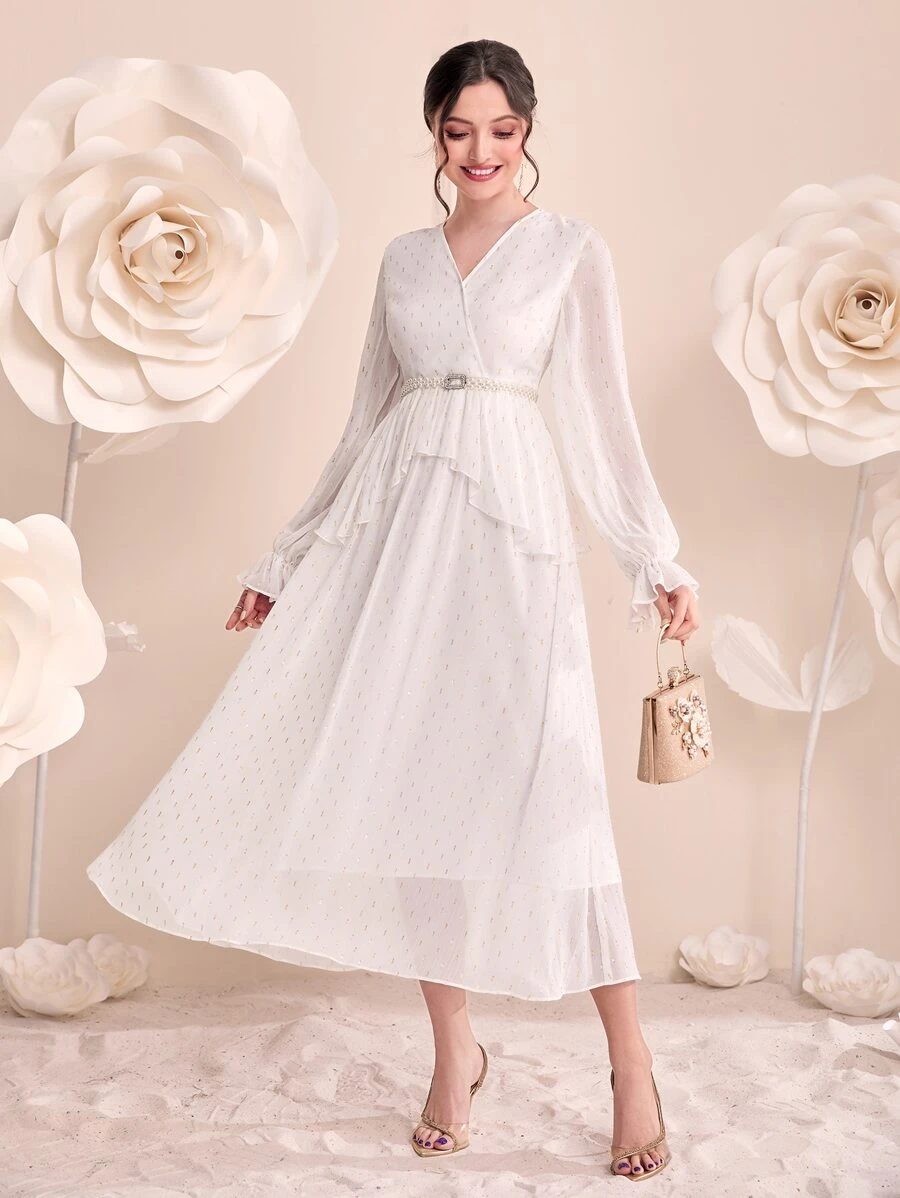 Modelyn Allover Print Flounce Sleeve Overlap Collar Ruffle Trim Chiffon Dress Without Belt - White - View 1