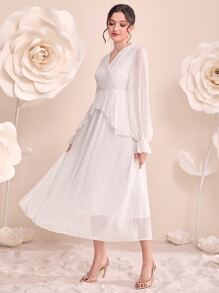 Modelyn Allover Print Flounce Sleeve Overlap Collar Ruffle Trim Chiffon Dress Without Belt - White - View 3