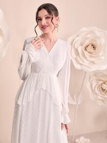 Modelyn Allover Print Flounce Sleeve Overlap Collar Ruffle Trim Chiffon Dress Without Belt - White - View 4