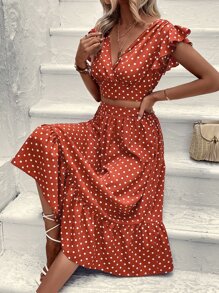 Breezaya Polka Dot Butterfly Sleeve Crop Top & Ruffle Hem Skirt - Burnt Orange - View 1