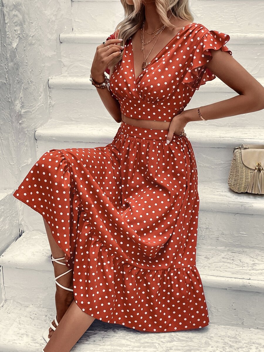Breezaya Polka Dot Butterfly Sleeve Crop Top & Ruffle Hem Skirt - Burnt Orange - View 1
