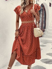 Breezaya Polka Dot Butterfly Sleeve Crop Top & Ruffle Hem Skirt - Burnt Orange - View 3