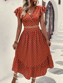 Breezaya Polka Dot Butterfly Sleeve Crop Top & Ruffle Hem Skirt - Burnt Orange - View 5