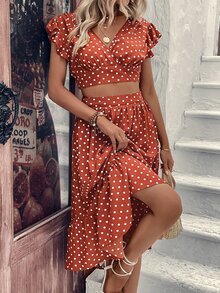 Breezaya Polka Dot Butterfly Sleeve Crop Top & Ruffle Hem Skirt - Burnt Orange - View 4