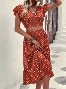 Breezaya Polka Dot Butterfly Sleeve Crop Top & Ruffle Hem Skirt - Burnt Orange - View 6