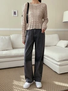 DAZY Pointelle Knit Drop Shoulder Jumper - Apricot - View 3