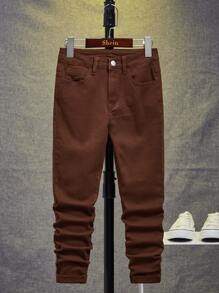 SHEIN 少年實心斜口袋牛仔褲 - 鏽棕色 - 查看 1