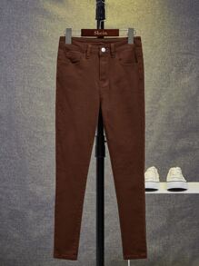 SHEIN 少年實心斜口袋牛仔褲 - 鏽棕色 - 查看 3