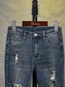 SHEIN Jeans rasgados y deshilachados para niño preadolescente con diseño de arañazos de gato - Azul lavado medio - Ver 3