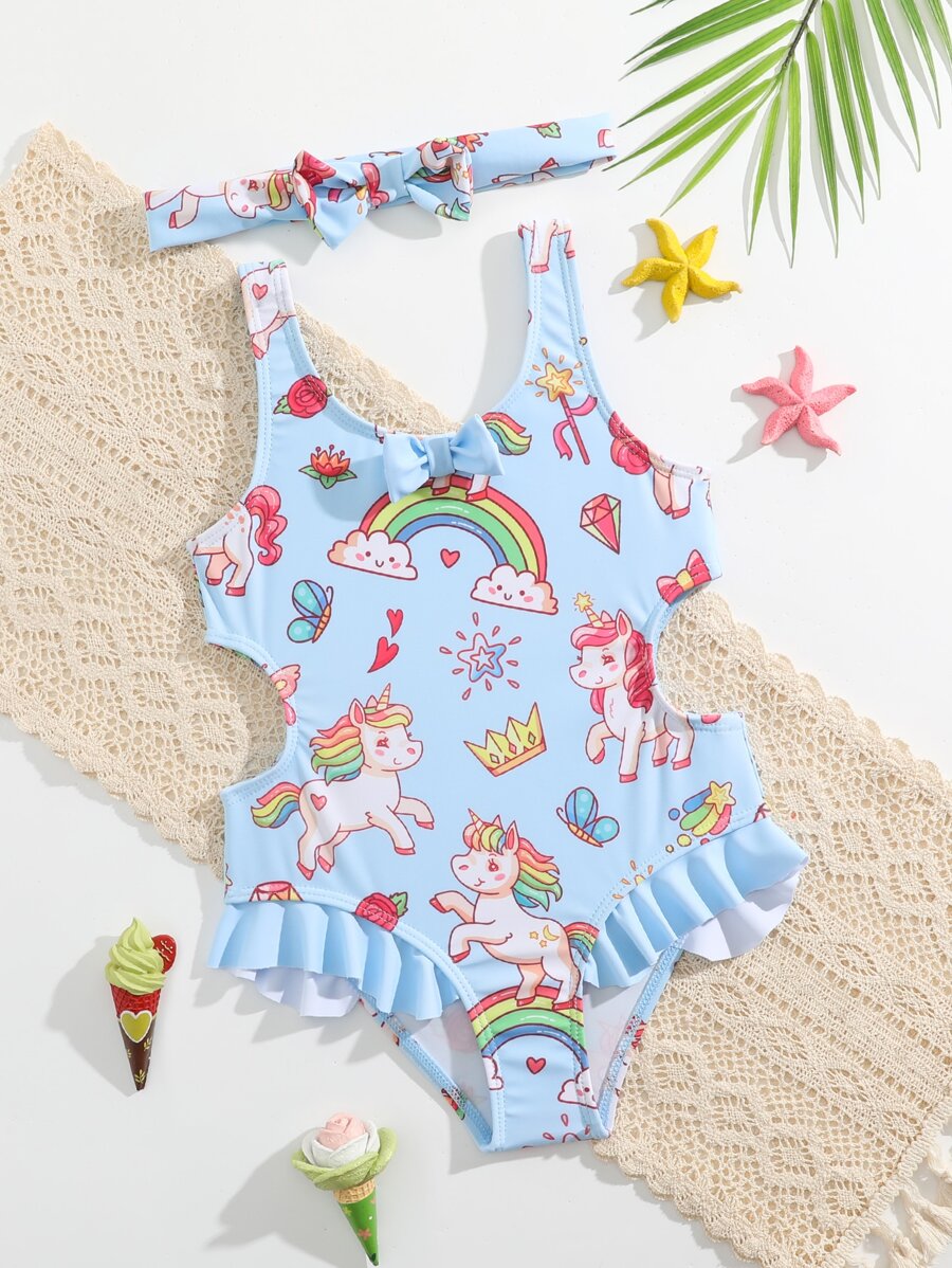 Toddler Girls Cartoon Graphic Ruffle Trim One Piece Swimsuit & Headband - Baby Blue - View 1