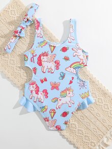 Toddler Girls Cartoon Graphic Ruffle Trim One Piece Swimsuit & Headband - Baby Blue - View 2