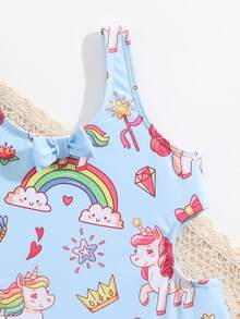 Toddler Girls Cartoon Graphic Ruffle Trim One Piece Swimsuit & Headband - Baby Blue - View 3