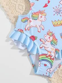 Toddler Girls Cartoon Graphic Ruffle Trim One Piece Swimsuit & Headband - Baby Blue - View 4