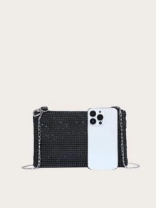 Ladies' Crossbody Square Bag With Sequins And Faux Diamonds, Metal Chain, Lightweight And Stylish, Suitable For Going Out. - Black - View 5