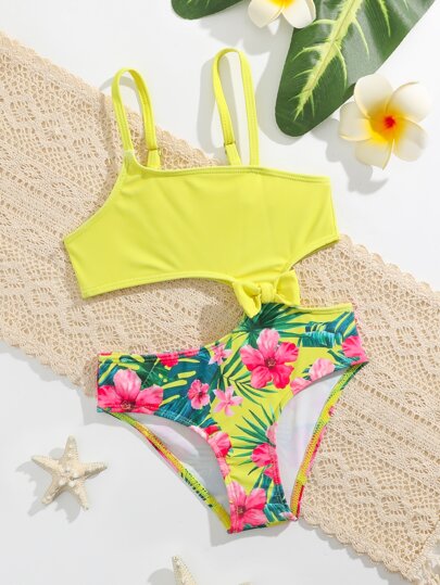 小女童印花鏤空前蝴蝶結連體泳衣