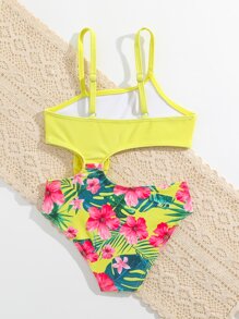 小女童印花鏤空前蝴蝶結連體泳衣 - 黃色 - 查看 2