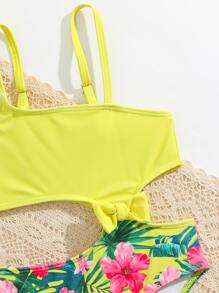 小女童印花鏤空前蝴蝶結連體泳衣 - 黃色 - 查看 3