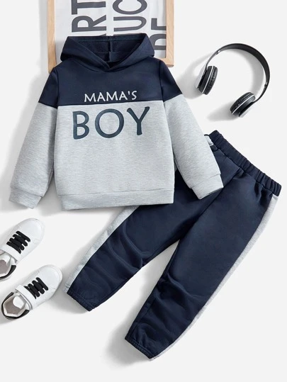 SHEIN 2pcs/Set Young Boy Casual Colorblock Letter Print Fleece Hoodie & Pants Winter Outfit