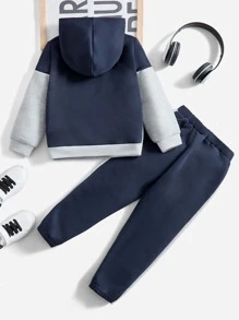 SHEIN Bộ 2 chiếc/Bộ Áo hoodie nỉ in chữ Colorblock thường ngày cho bé trai và quần dài Bộ trang phục mùa đông - Màu xanh hải quân - Xem 2