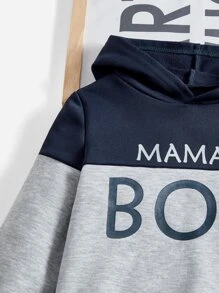 SHEIN Bộ 2 chiếc/Bộ Áo hoodie nỉ in chữ Colorblock thường ngày cho bé trai và quần dài Bộ trang phục mùa đông - Màu xanh hải quân - Xem 3