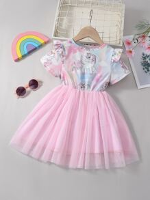 SHEIN Young Girl Cartoon Cute Mesh Round Neck Short Sleeve Dress With Ruffled Hem For Summer - Multicolor - View 1