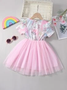 SHEIN Young Girl Cartoon Cute Mesh Round Neck Short Sleeve Dress With Ruffled Hem For Summer - Multicolor - View 2