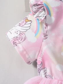 SHEIN Young Girl Cartoon Cute Mesh Round Neck Short Sleeve Dress With Ruffled Hem For Summer - Multicolor - View 4