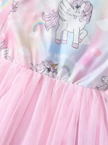 SHEIN Young Girl Cartoon Cute Mesh Round Neck Short Sleeve Dress With Ruffled Hem For Summer - Multicolor - View 5