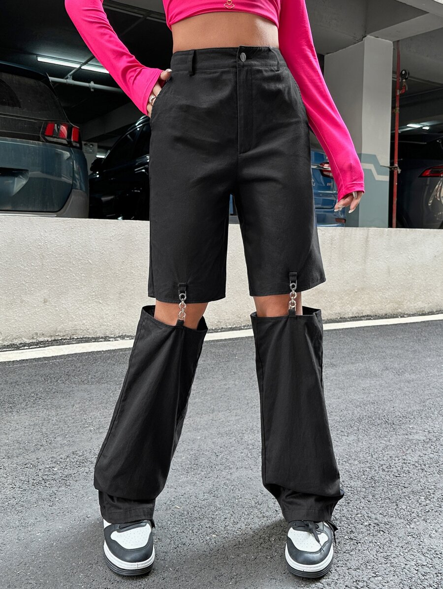SHEIN ICON Cut Out Chain Detail Trousers - Black - View 1