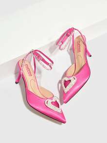 CUCCOO SZL Rhinestone & Heart Decor Stiletto Heeled Ankle Strap Satin Pumps - Hot Pink - View 5
