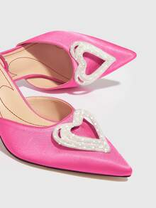 CUCCOO SZL Rhinestone & Heart Decor Stiletto Heeled Ankle Strap Satin Pumps - Hot Pink - View 3