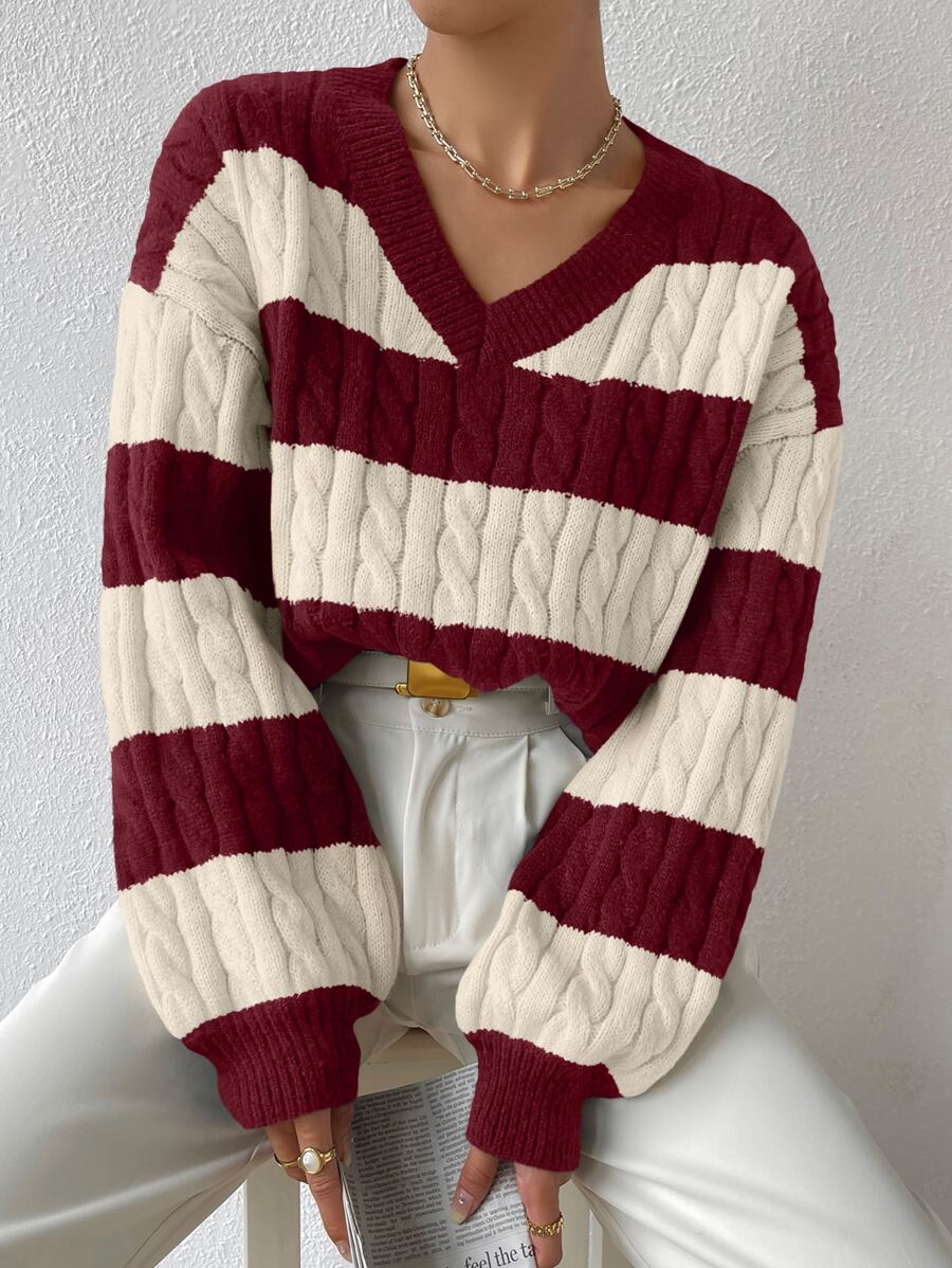 SHEIN Essnce Two Tone Cable Knit Drop Shoulder Jumper - Red and White - View 1