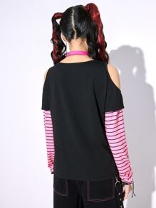 ROMWE Anime 2 In 1 Striped Sleeve Letter Cartoon Graphic Tee - Black - View 2