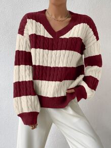 SHEIN Essnce Two Tone Cable Knit Drop Shoulder Jumper - Red and White - View 5